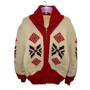 Vintage Mary Maxim Pueblo Indian Hand Knit Cowichan Sweater‎ Red Cream Zip XL